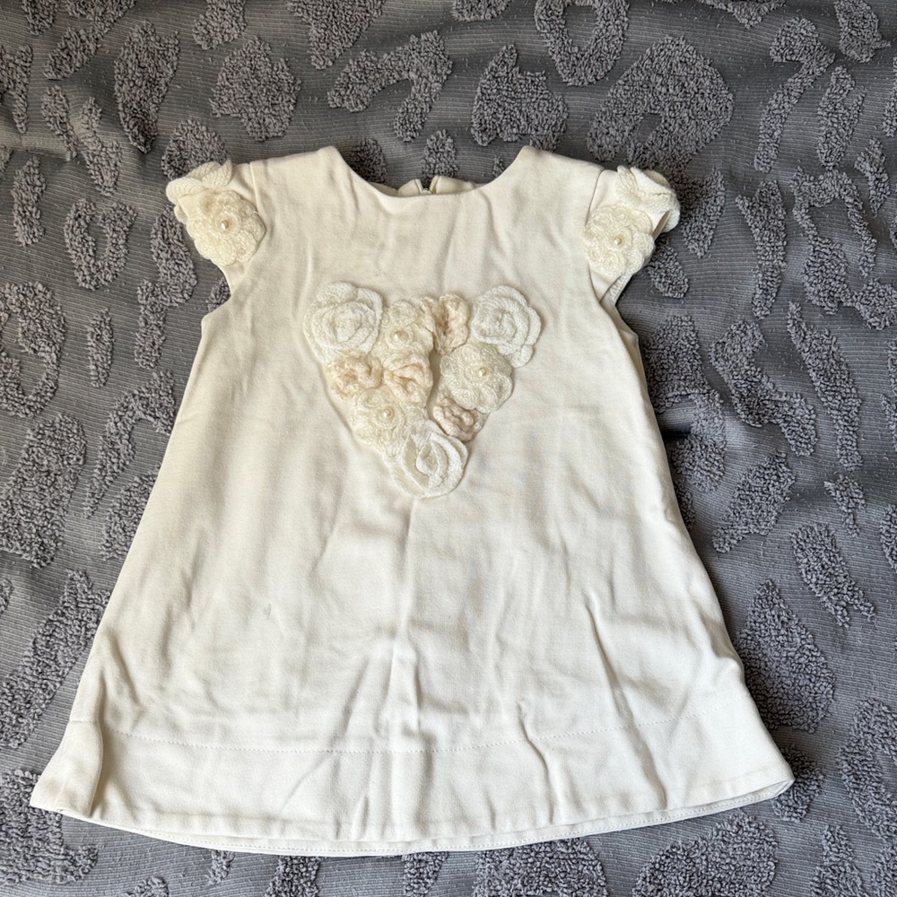 Girls' Cream Floral Appliqué Knitted Casual Dress